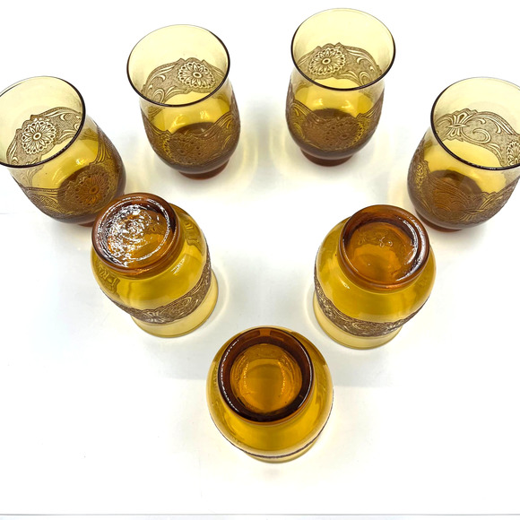 Vintage Amber Libbey Americana Lace Embossed Glass Etched Tumblers 7 Pieces MCM - Picture 3 of 10